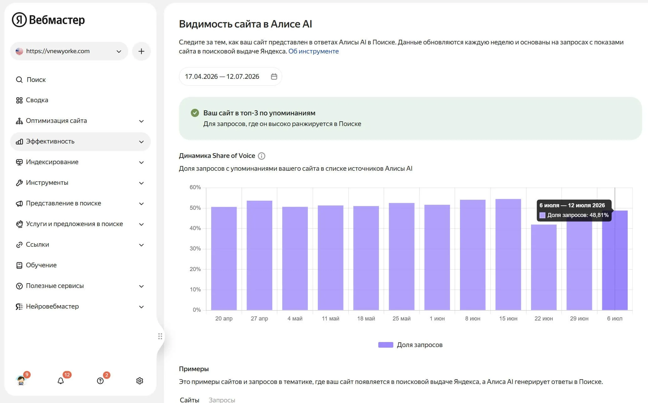 Инструмент «Видимость сайта в Алисе AI» в разделе «Эффективность».